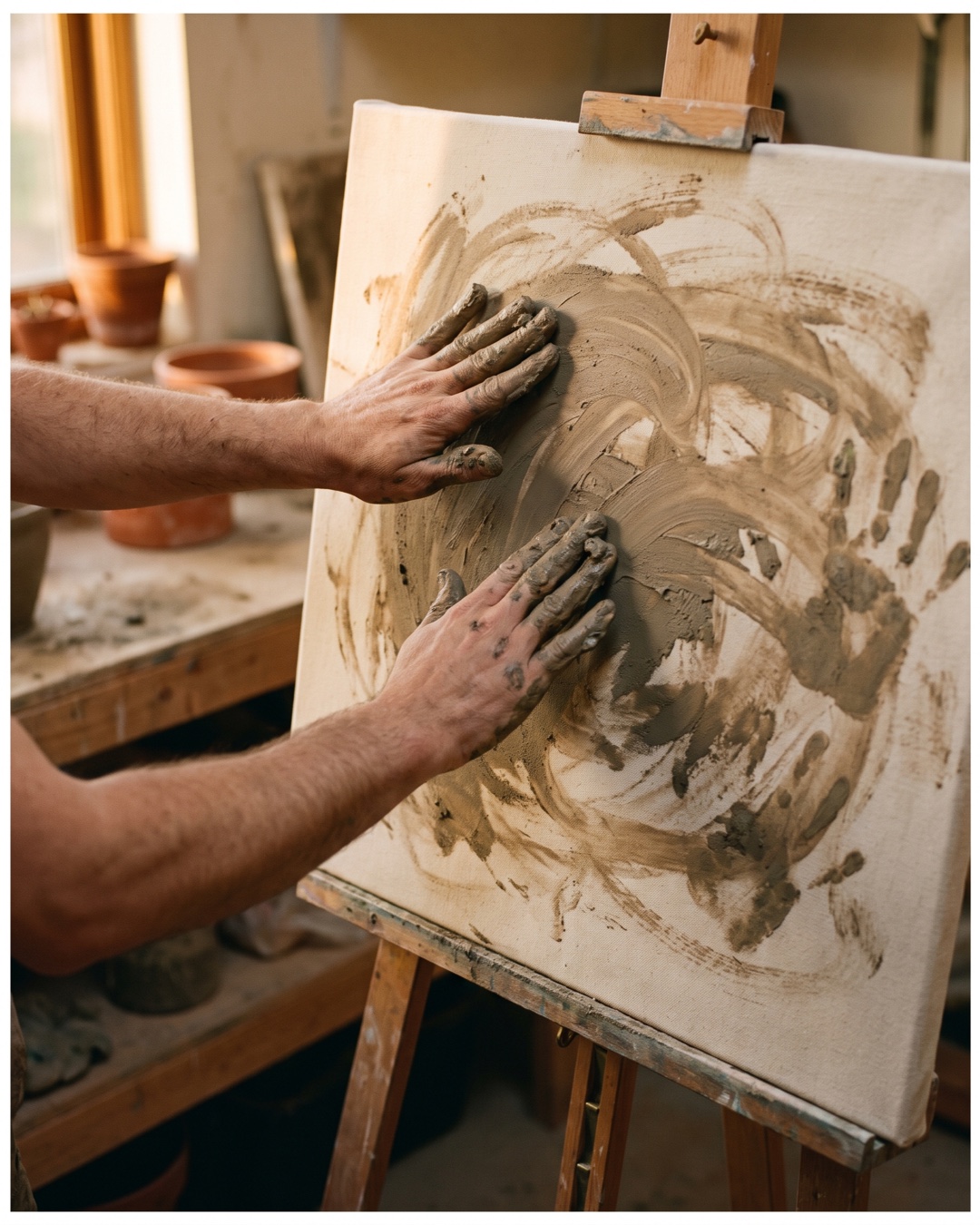 Two hands caked in wet Moroccan clay working it onto a raw canvas on a wooden easel, broad earth-toned strokes and handprints across the cloth