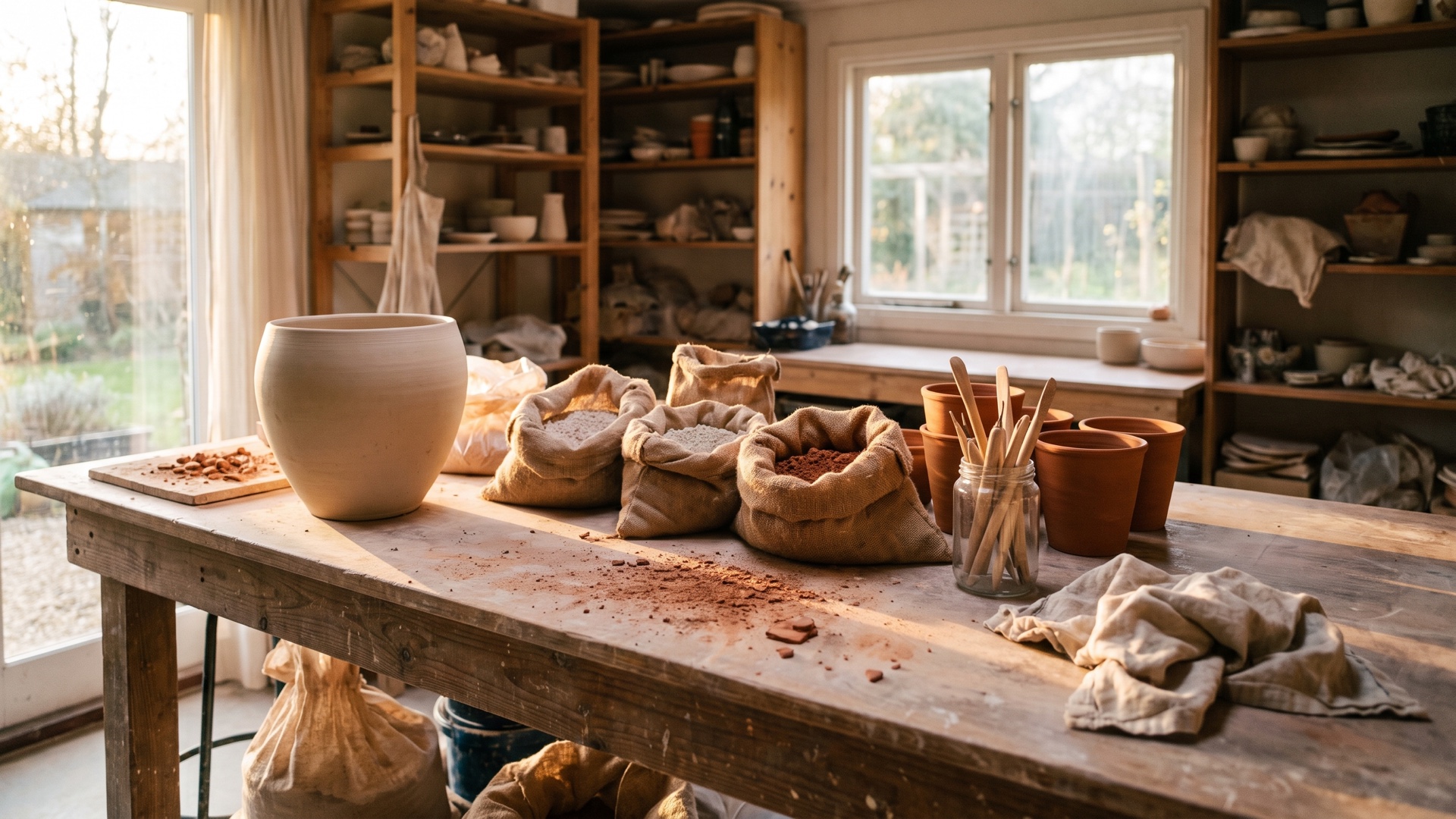 A ceramicist's studio bench in late-afternoon light: a large unglazed vessel, open sacks of clay, terracotta pots, modelling tools and red clay dust across the wood